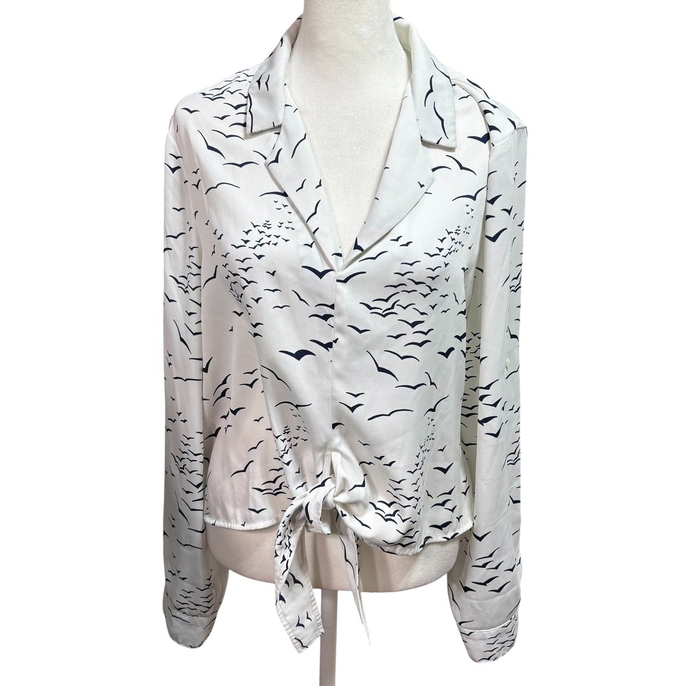 BCBGeneration Bird Print Tie Front Blouse White Navy Long Sleeve Top Med #1135
